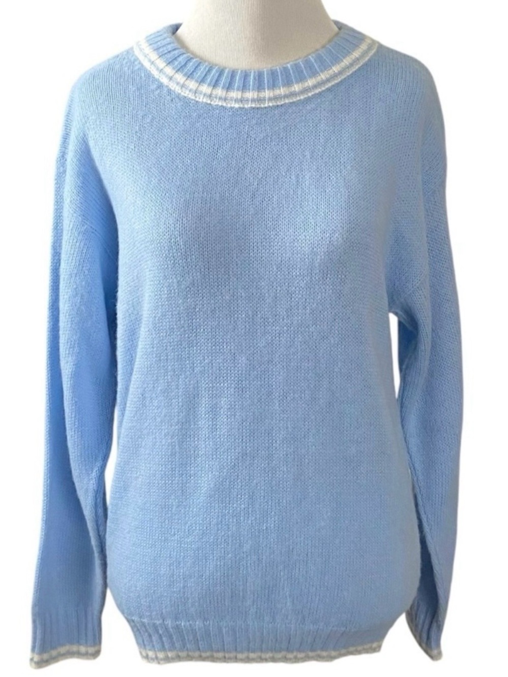Vintage 70s Spunky Baby Blue Ringer Crewneck Sweater Small Med California Preppy